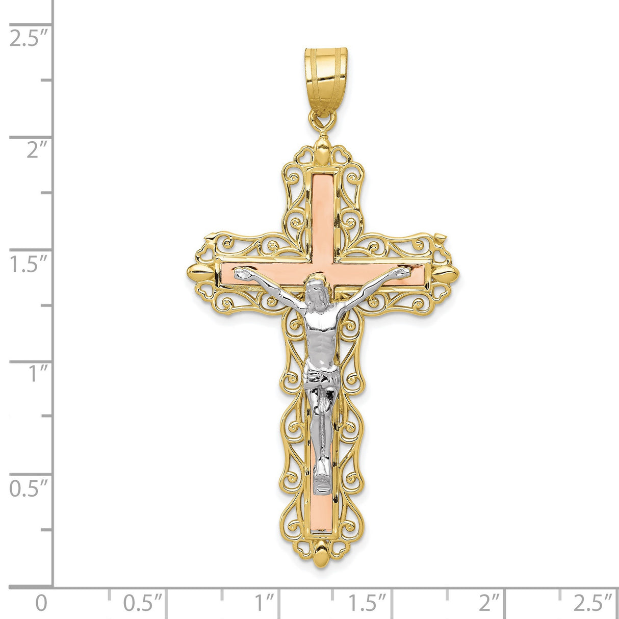 10k Multi-Tone Gold Crucifix Cross Pendant, Tri-Color Diamond-Cut Jesus Filigree Design