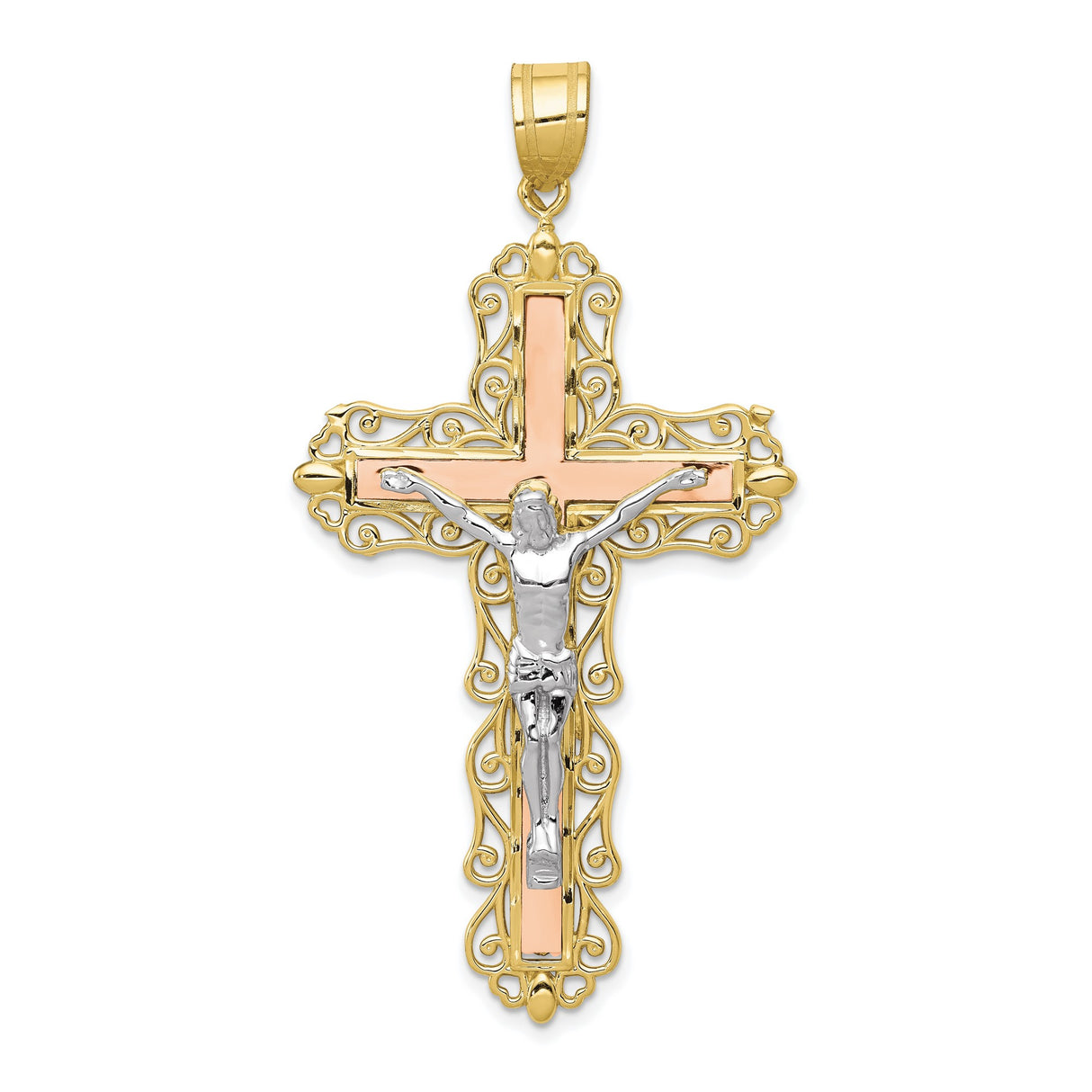 10k Multi-Tone Gold Crucifix Cross Pendant, Tri-Color Diamond-Cut Jesus Filigree Design