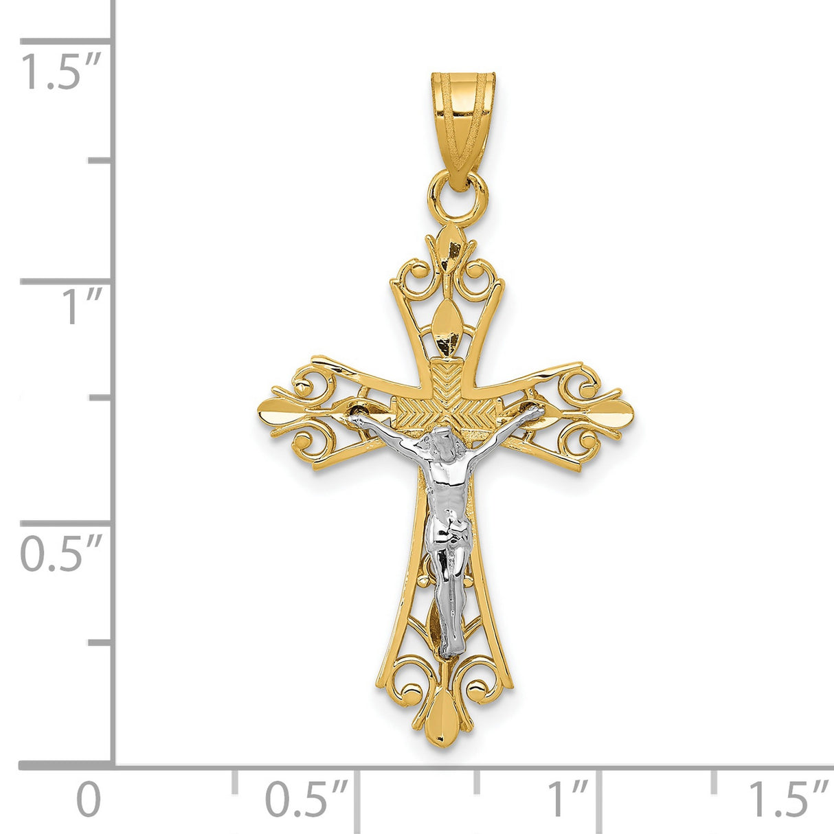 10k Two-Tone Gold Crucifix Pendant with White Gold Christ Figure, Ornate Filigree Cross Design