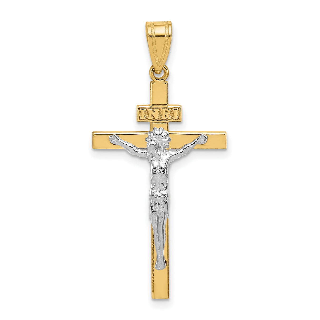 10k Two-Tone Gold Crucifix Cross Pendant with INRI and Jesus Figure, Religious Jewelry