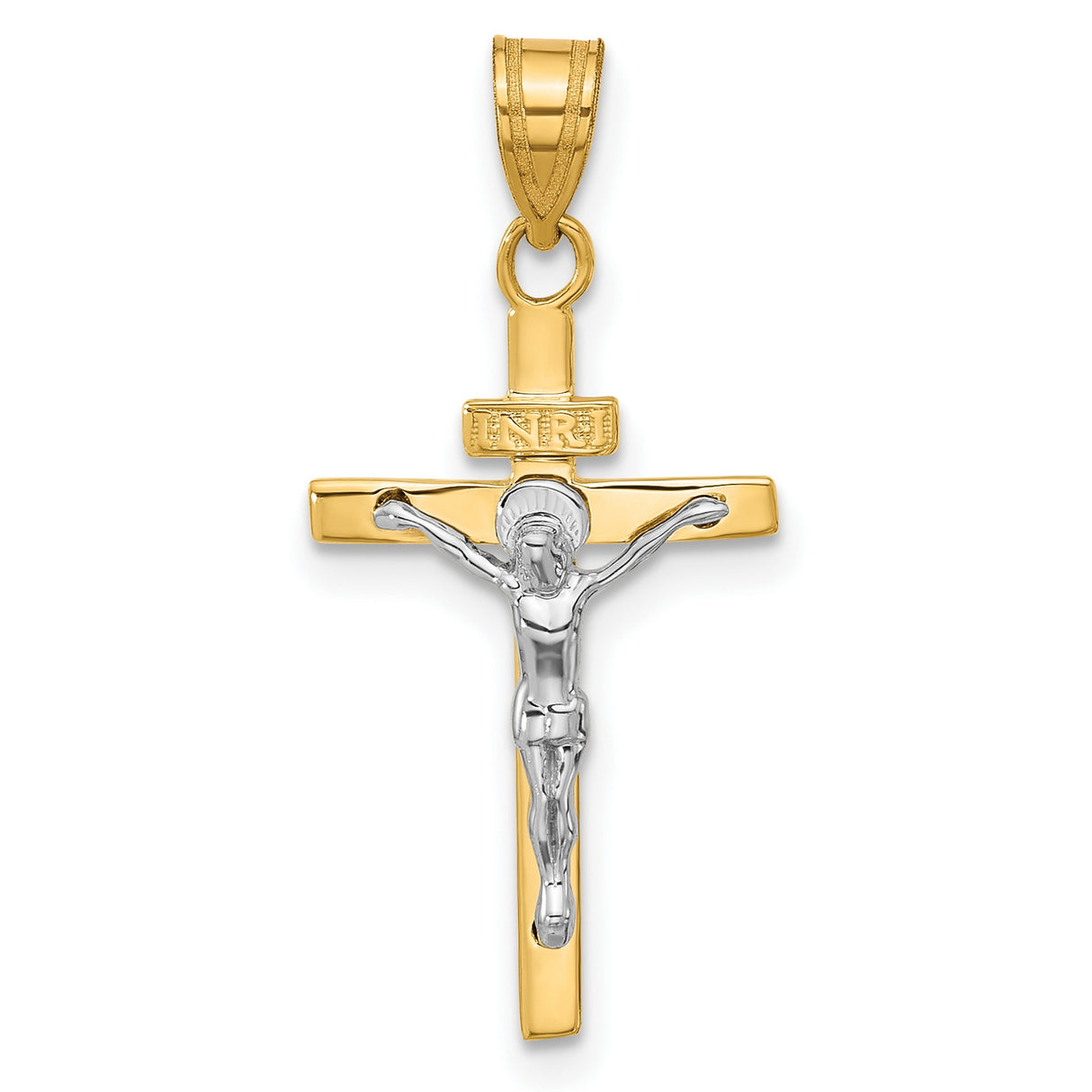 10k Two-Tone Gold INRI Crucifix Pendant with Jesus Figure, Religious Christian Charm