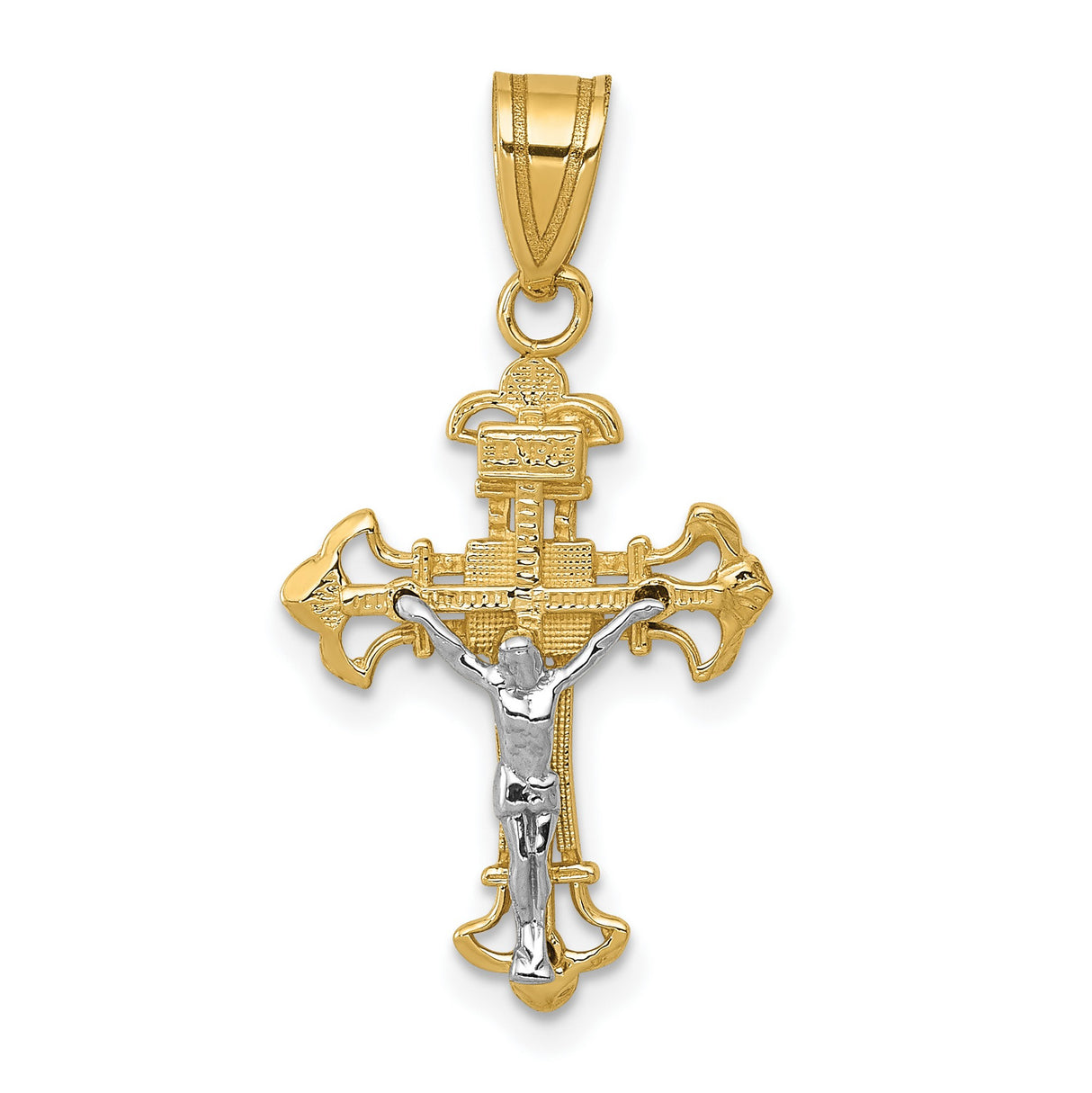 10k Two-Tone Gold Crucifix Pendant with INRI and Textured Jesus Figure Religious Jewelry