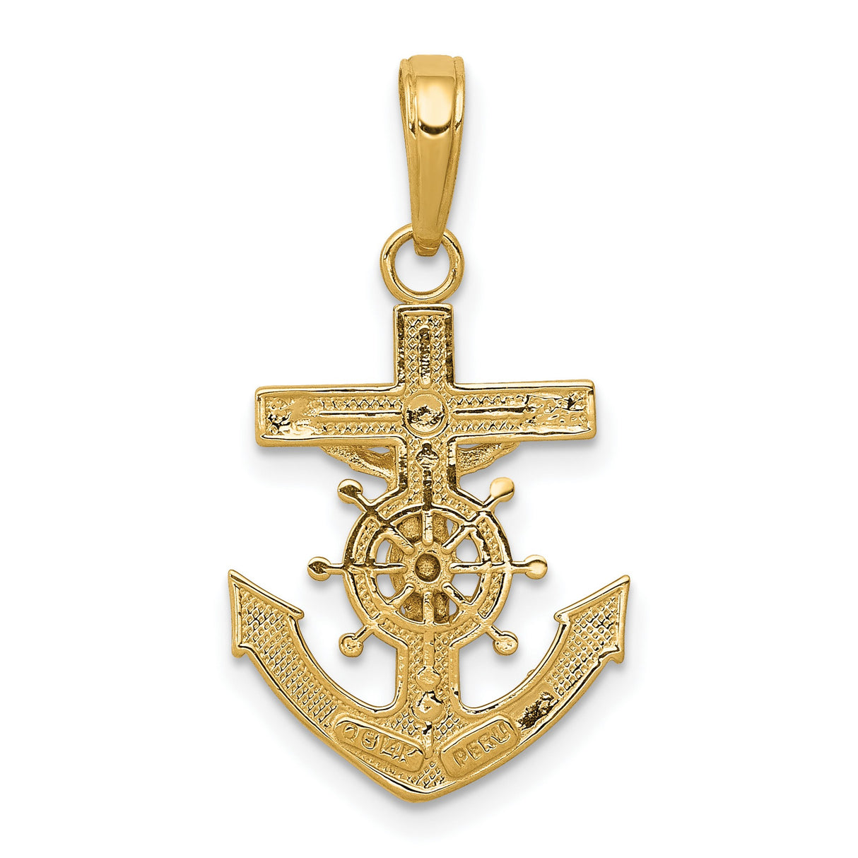 10k Yellow Gold Crucifix Cross Pendant with Anchor and Ship Wheel, Nautical Christian Charm