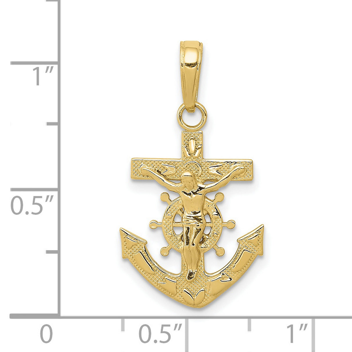 10k Yellow Gold Crucifix Cross Pendant with Anchor and Ship Wheel, Nautical Christian Charm