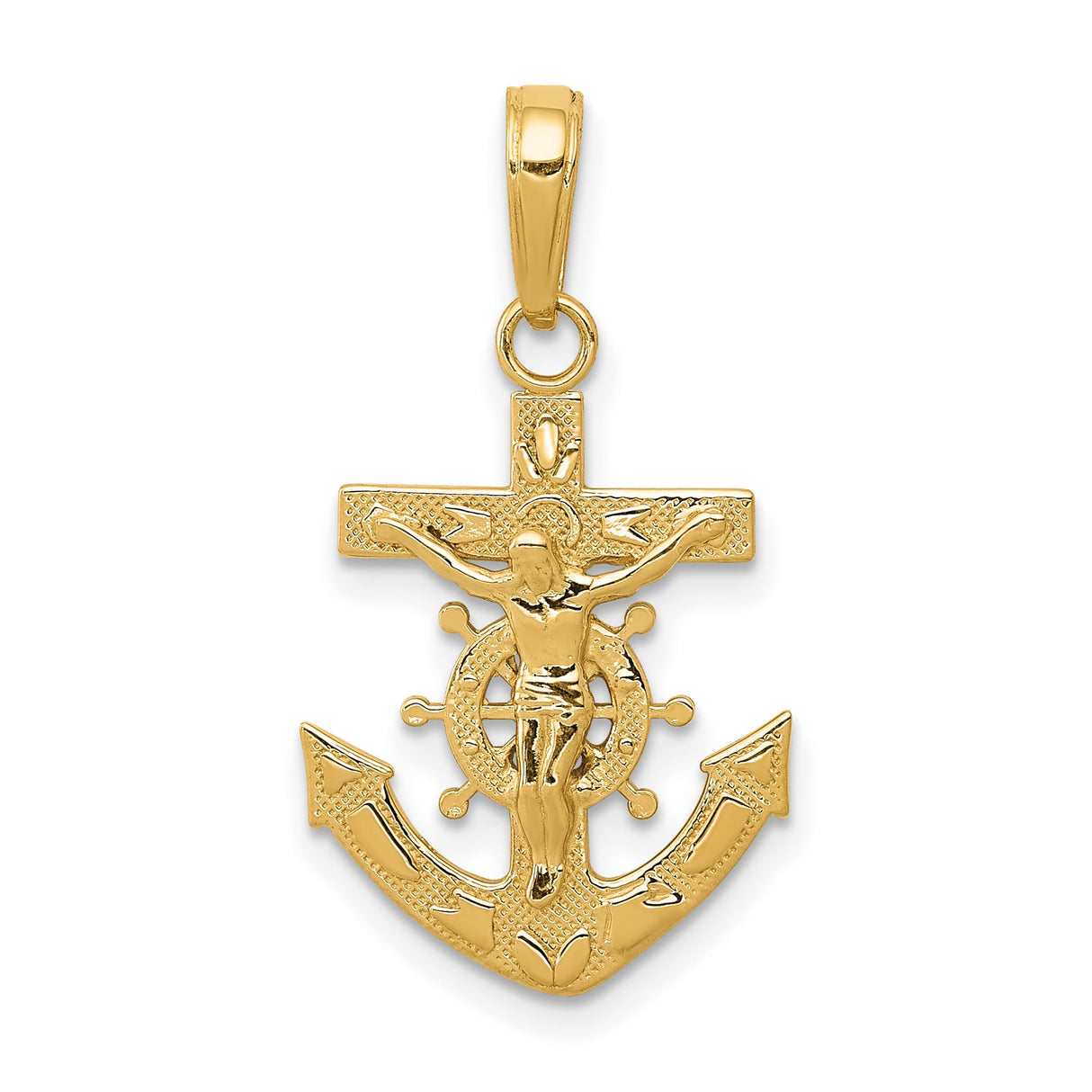 10k Yellow Gold Crucifix Cross Pendant with Anchor and Ship Wheel, Nautical Christian Charm