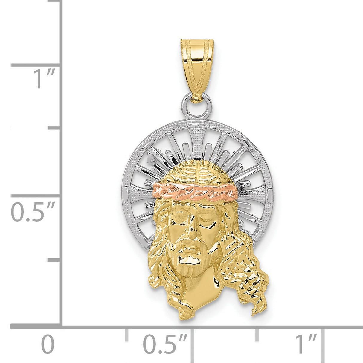 10k Tri-Color Gold Jesus Pendant with Crown of Thorns and Radiant Halo