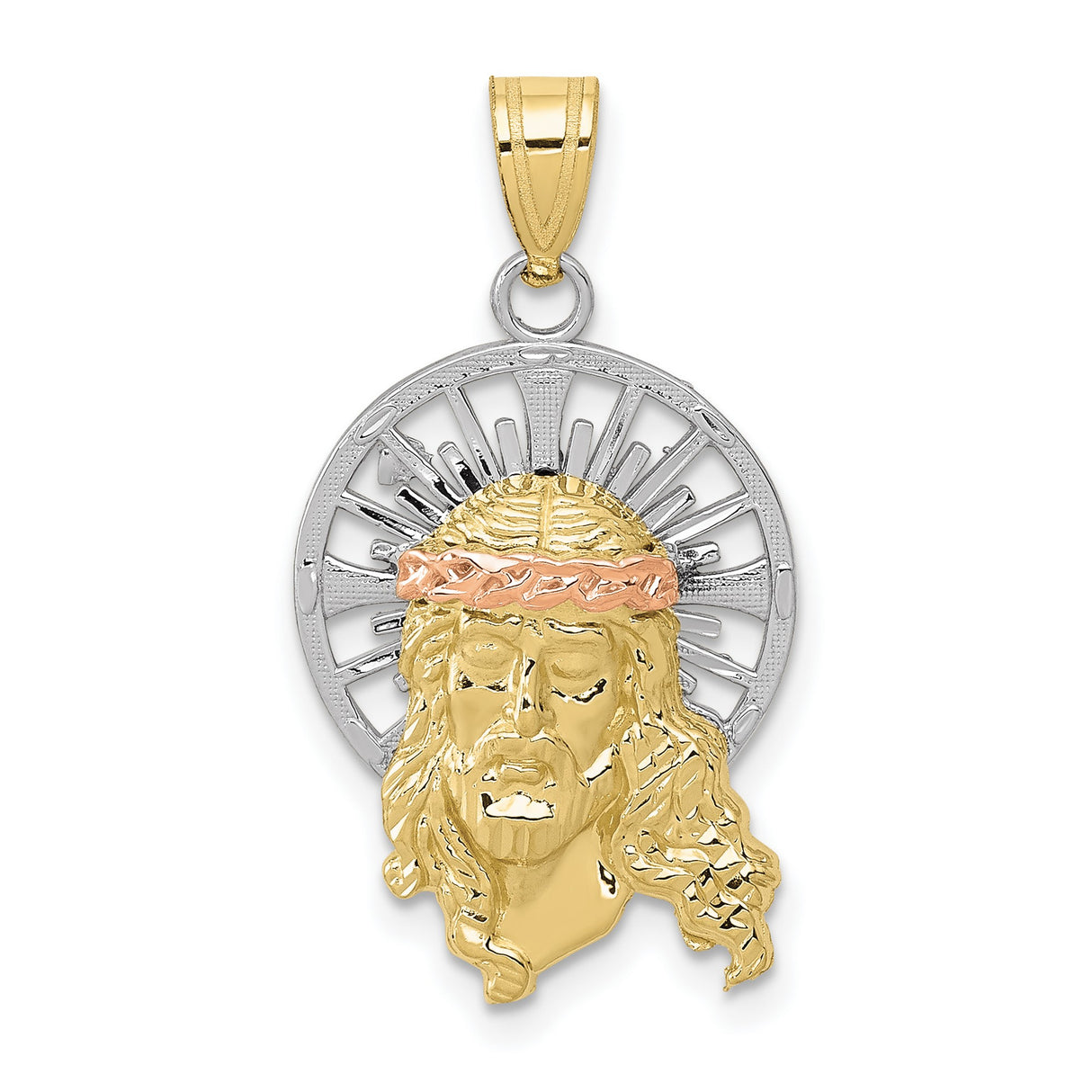 10k Tri-Color Gold Jesus Pendant with Crown of Thorns and Radiant Halo