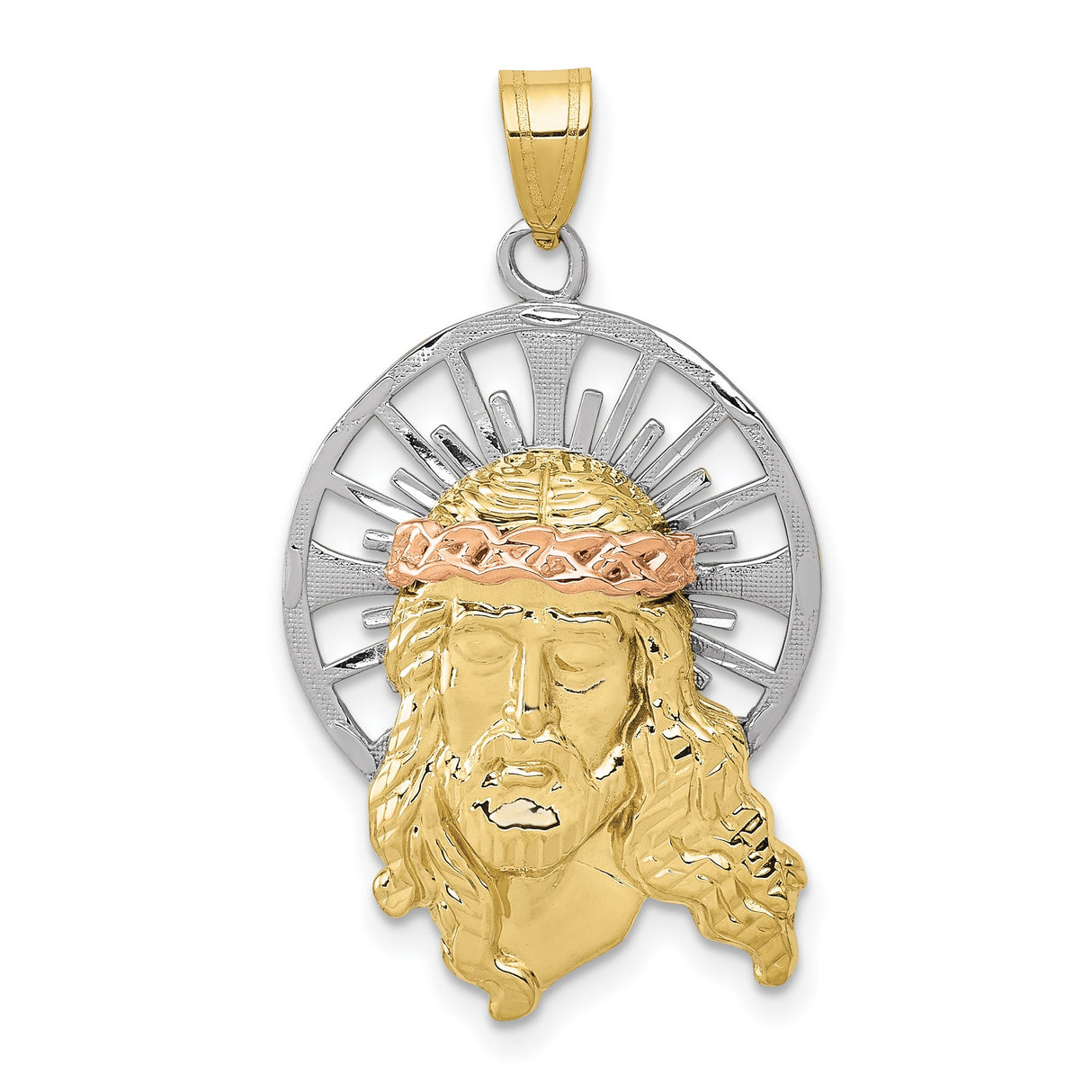10k Tri-Color Gold Jesus Pendant with Rose Gold Crown of Thorns and Radiant Halo