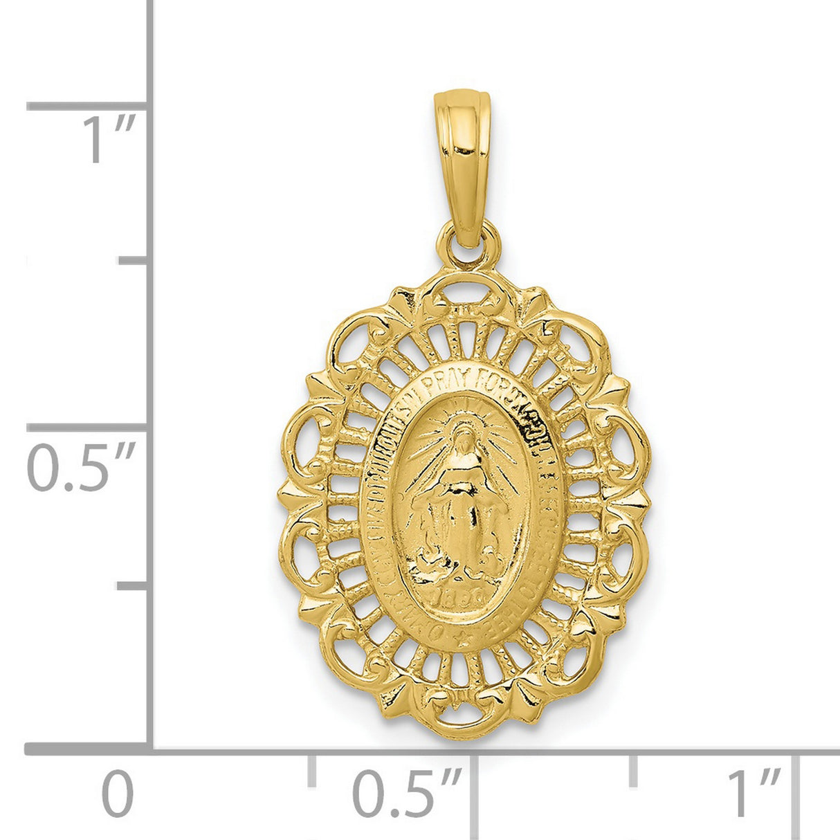 10k Yellow Gold Miraculous Medal Pendant with Virgin Mary and Filigree Edge