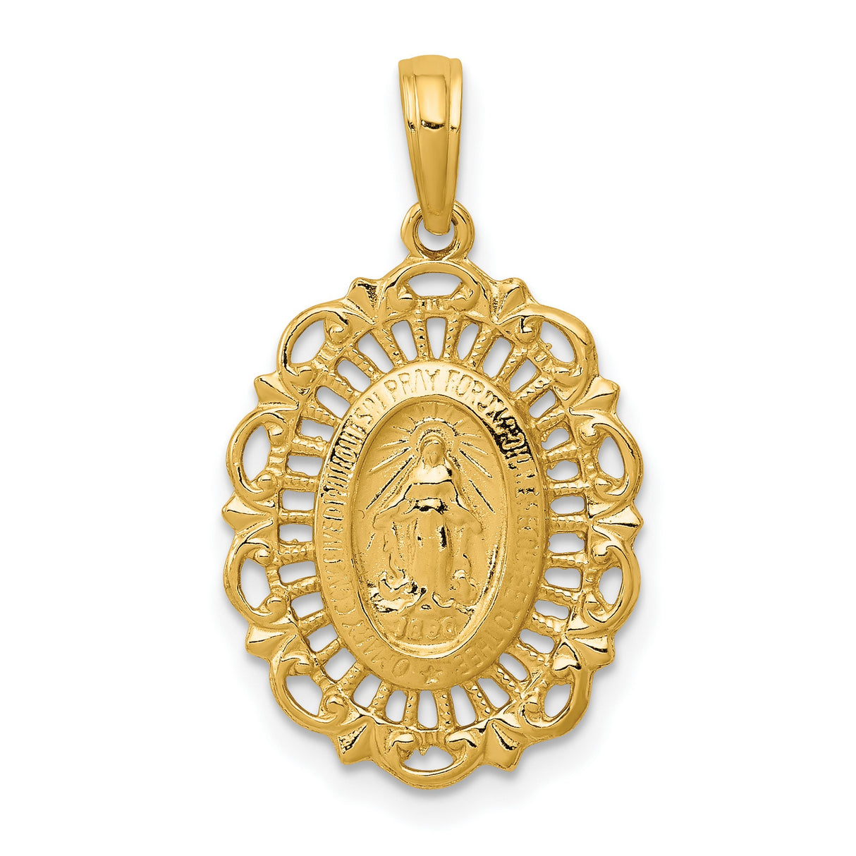 10k Yellow Gold Miraculous Medal Pendant with Virgin Mary and Filigree Edge
