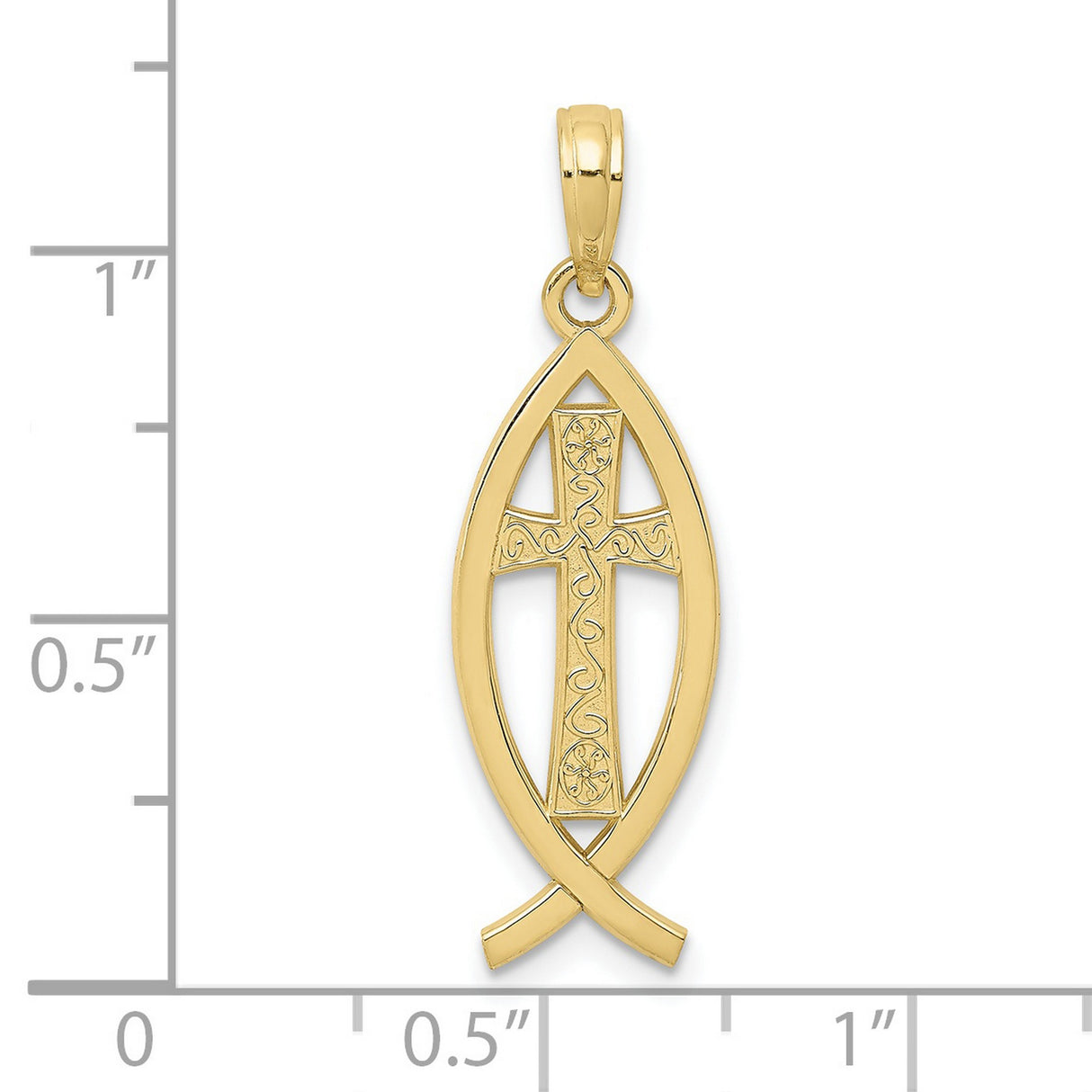 10k Yellow Gold Pendant with Cross Inside Ichthys Fish, Christian Religious Symbol