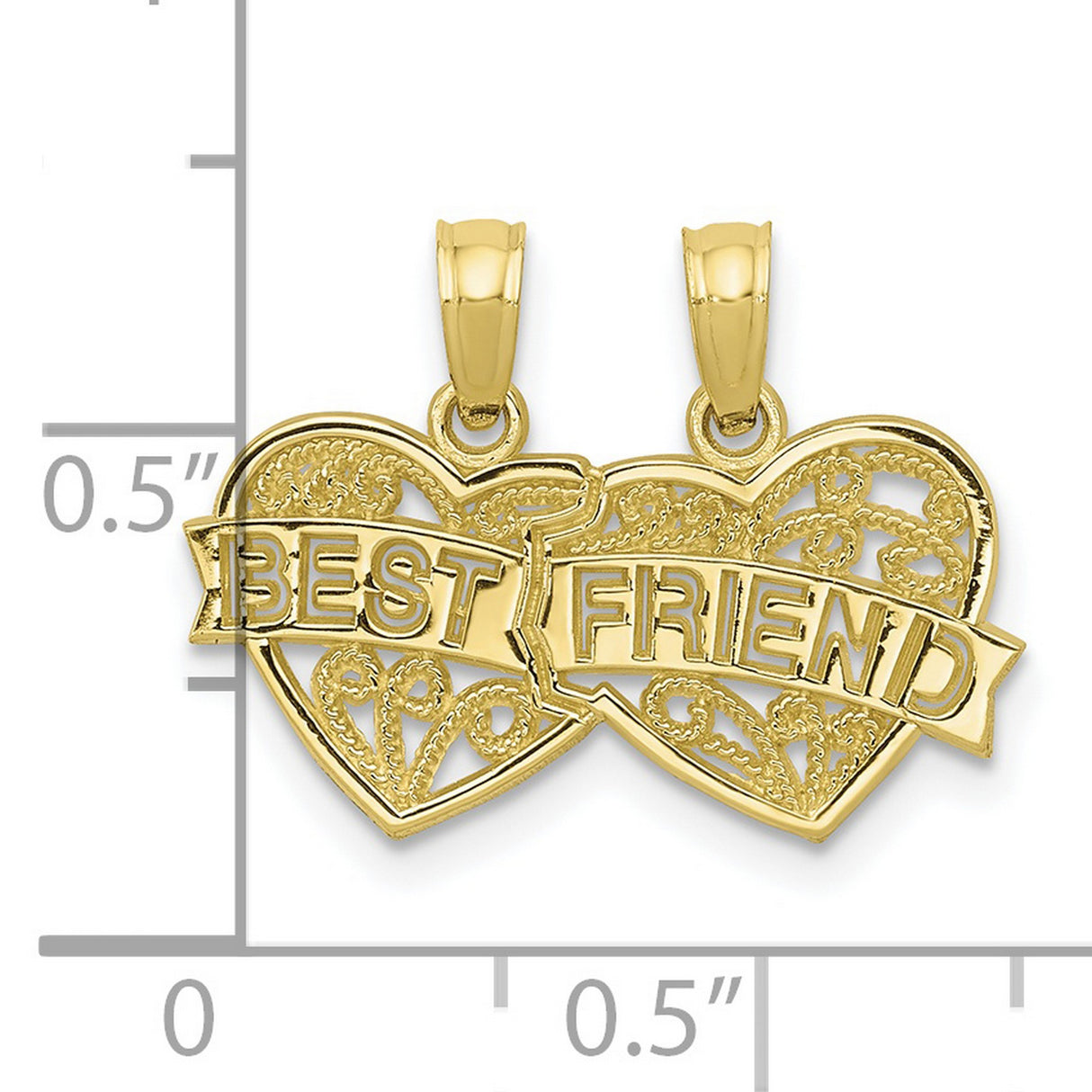 10k Yellow Gold Pendant, Split Interlocking Filigree Hearts with Friend Engraving, Friendship Jewelry