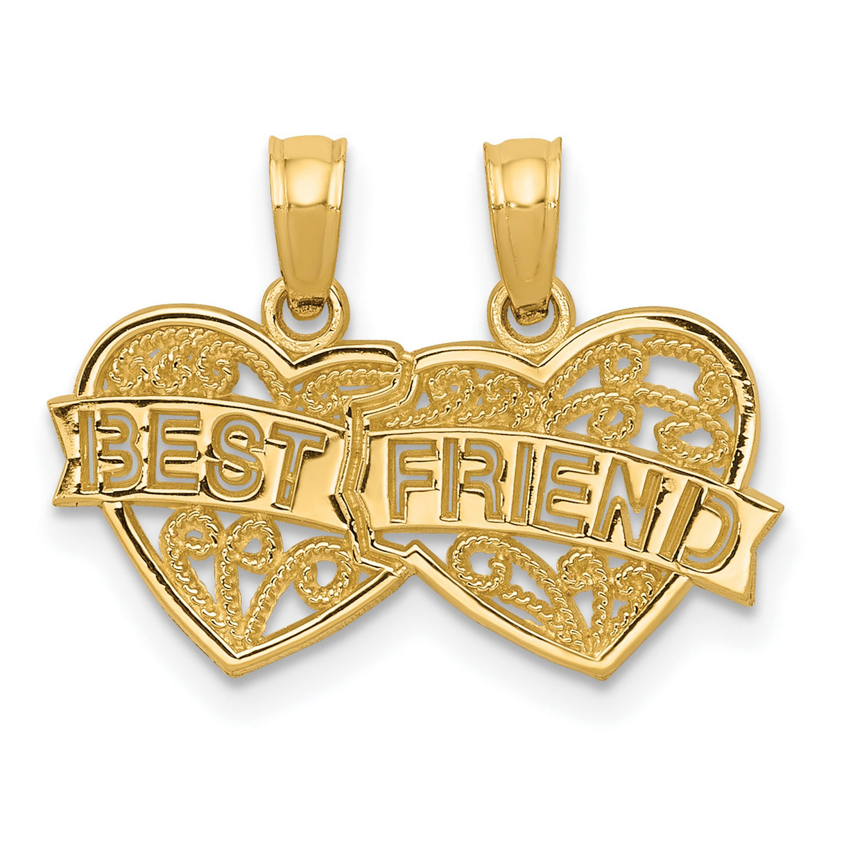 10k Yellow Gold Pendant, Split Interlocking Filigree Hearts with Friend Engraving, Friendship Jewelry