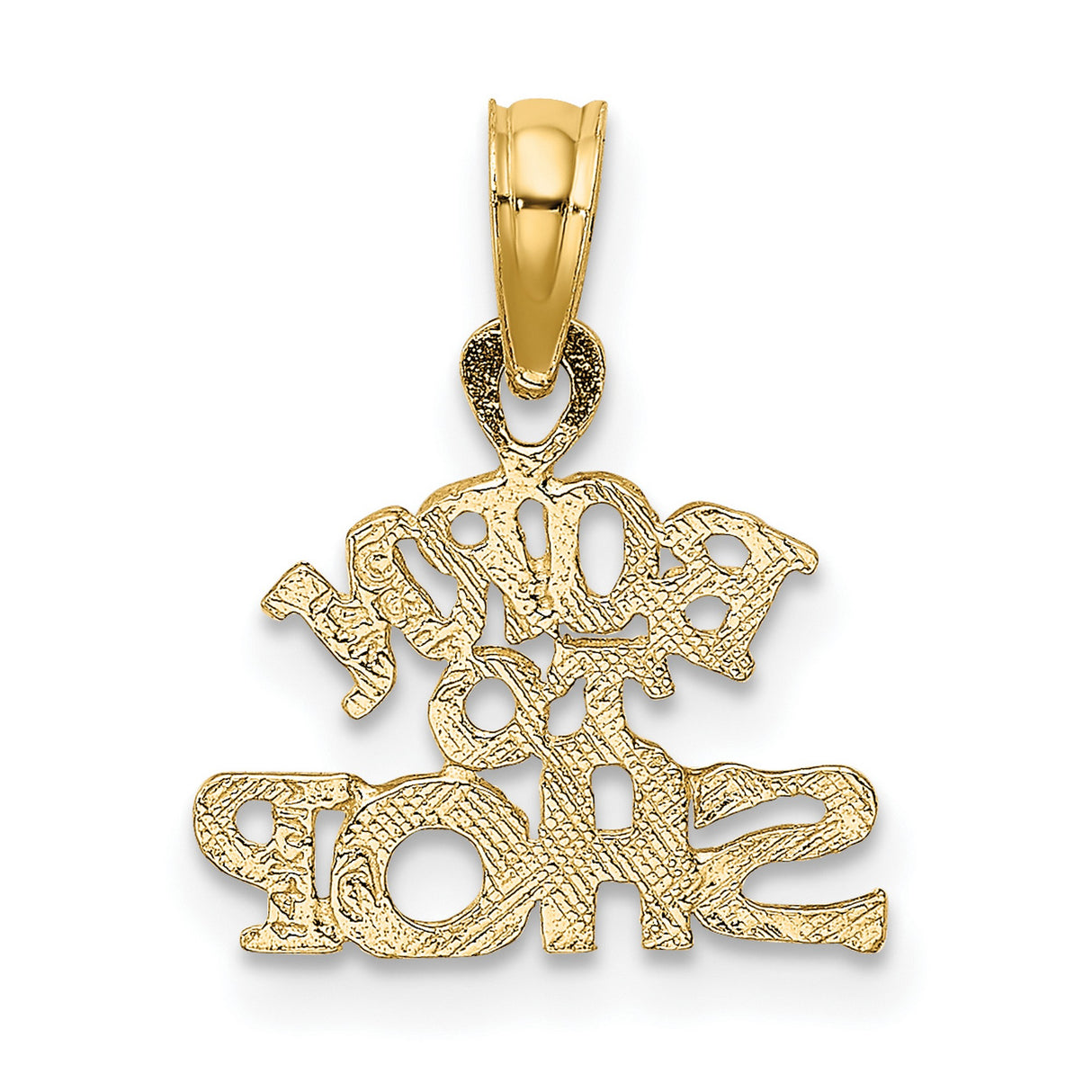 10k Yellow Gold Born to Shop Pendant, Playful Block Lettering Fashion Jewelry Charm for Women