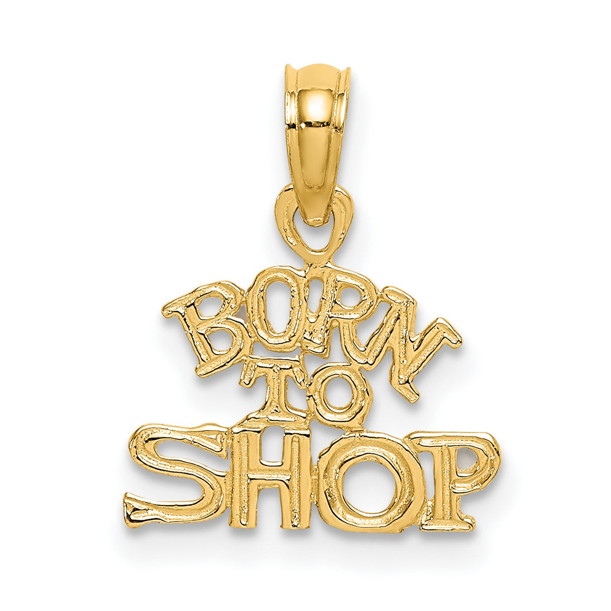 10k Yellow Gold Born to Shop Pendant, Playful Block Lettering Fashion Jewelry Charm for Women