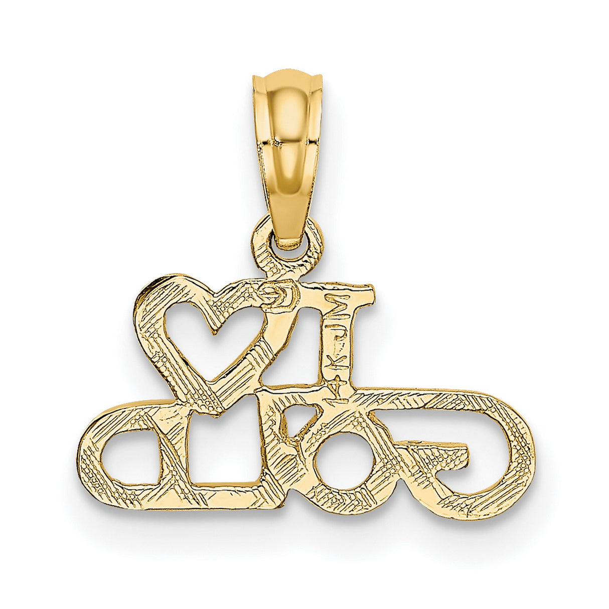 10k Yellow Gold Pendant with Heart Symbol and I Love Gold Phrase, Polished Textured Charm
