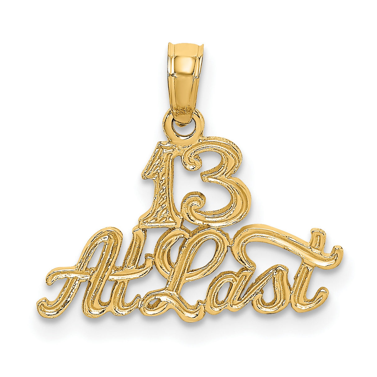 10k Yellow Gold 13 At Last Pendant, Sweet Thirteen Milestone Charm for Teen Girl