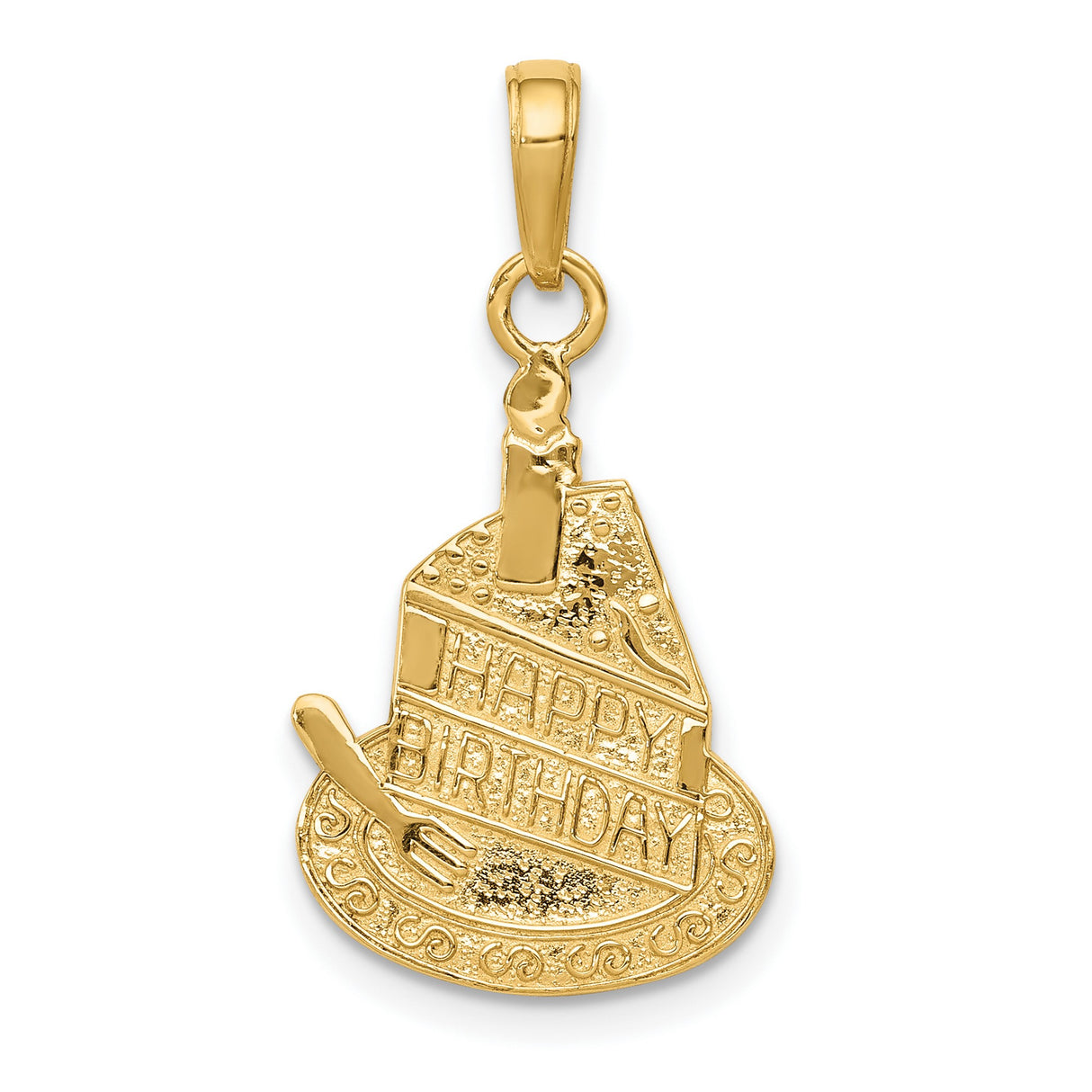10k Yellow Gold Birthday Cake Pendant with Candle and Happy Birthday Words