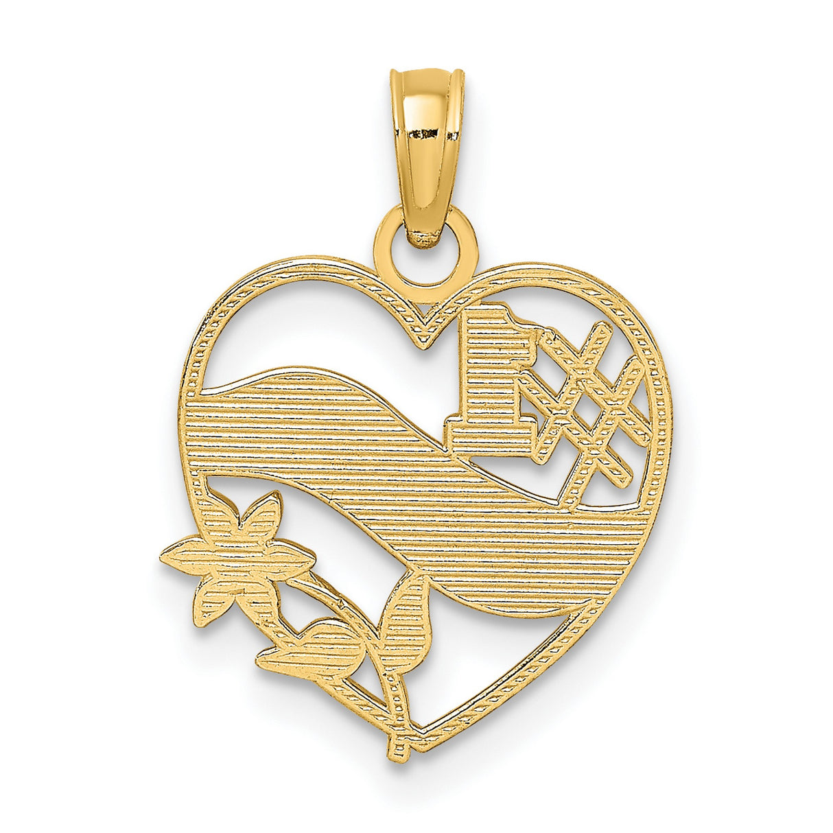 10k Yellow Gold Heart Pendant with Number One Mom and Floral Detail