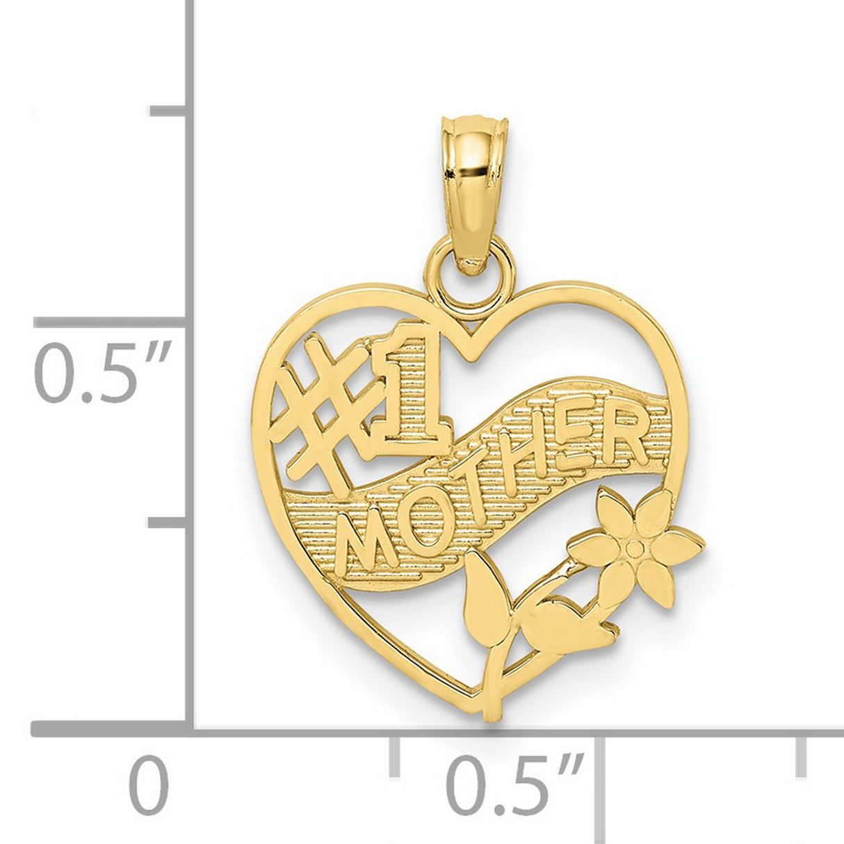10k Yellow Gold Heart Pendant with Number One Mom and Floral Detail