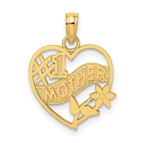 10k Yellow Gold Heart Pendant with Number One Mom and Floral Detail