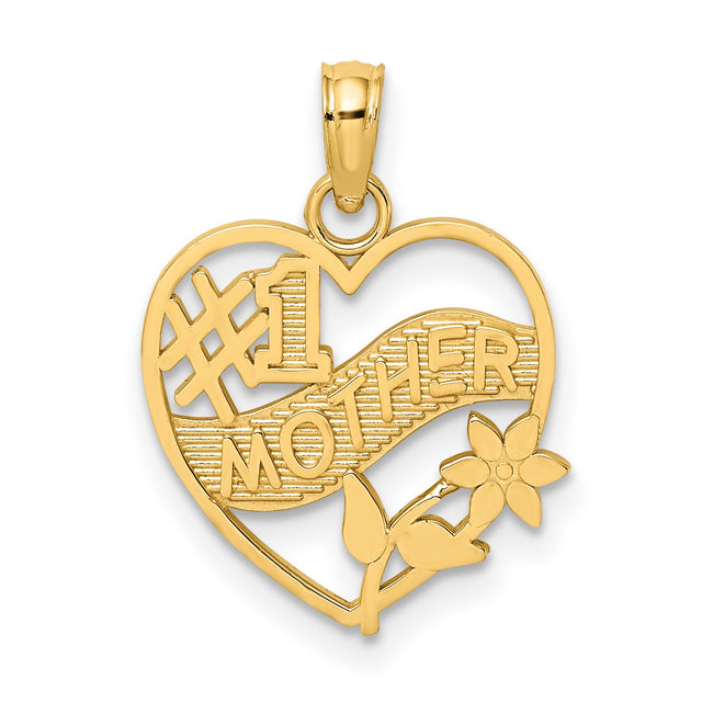 10k Yellow Gold Heart Pendant with Number One Mom and Floral Detail