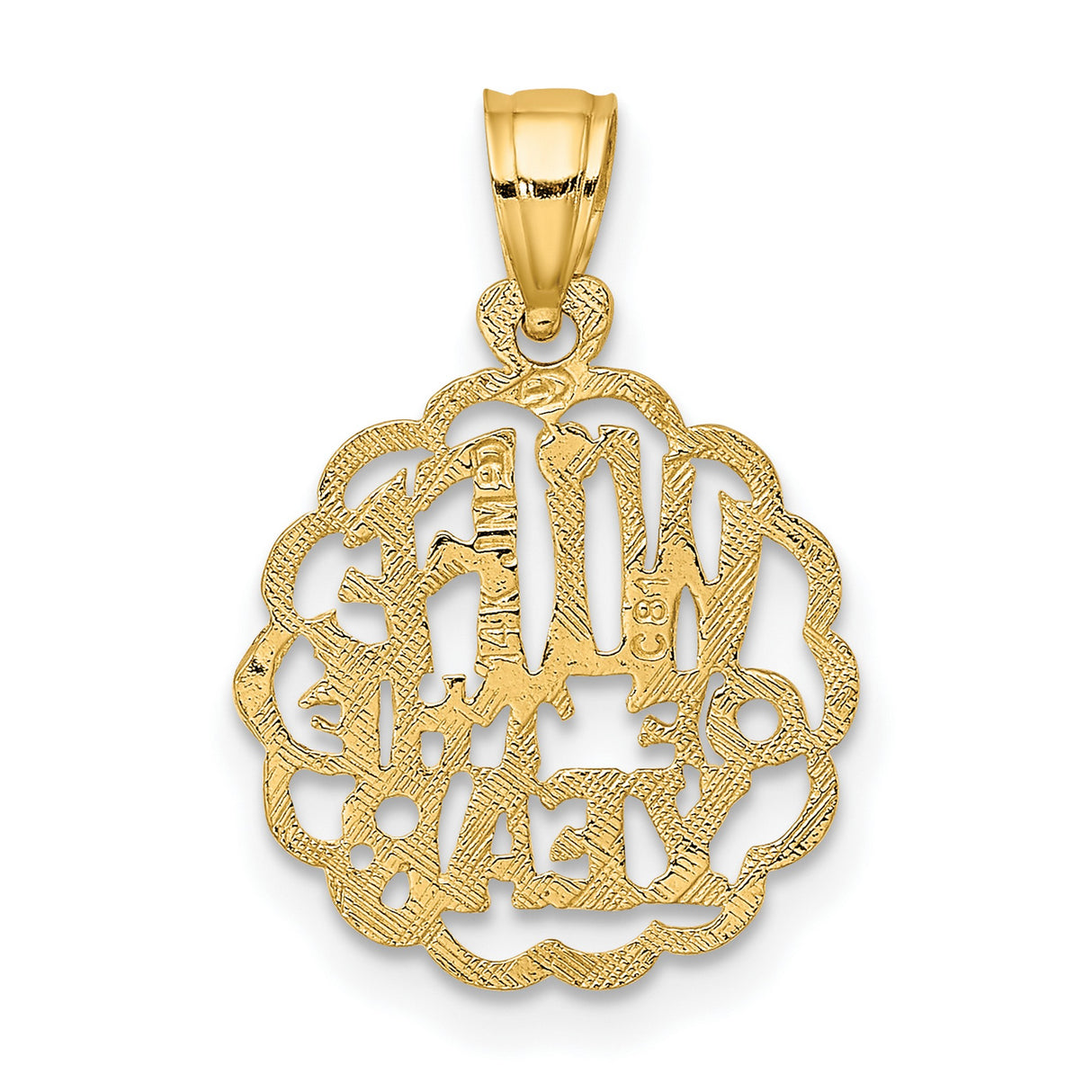 10k Yellow Gold Pendant, Wife of the Year Charm with Scalloped Openwork and Romantic Message