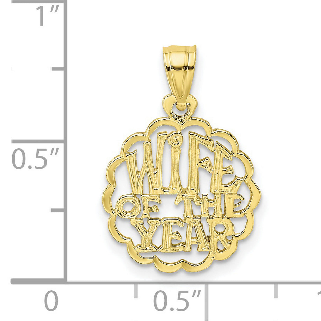10k Yellow Gold Pendant, Wife of the Year Charm with Scalloped Openwork and Romantic Message