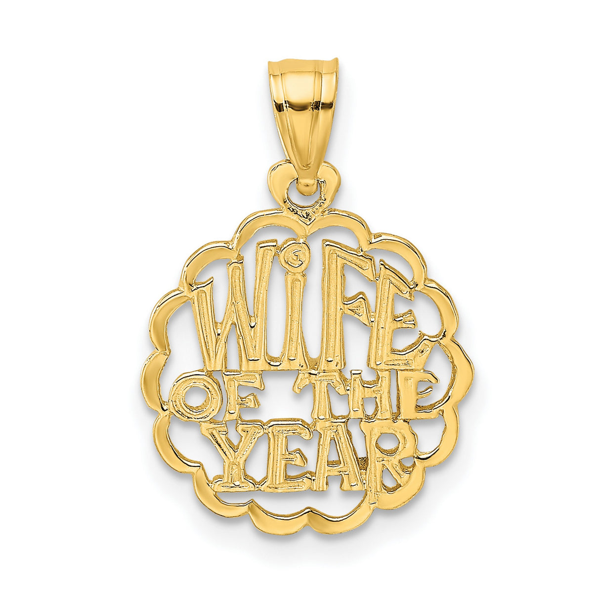 10k Yellow Gold Pendant, Wife of the Year Charm with Scalloped Openwork and Romantic Message