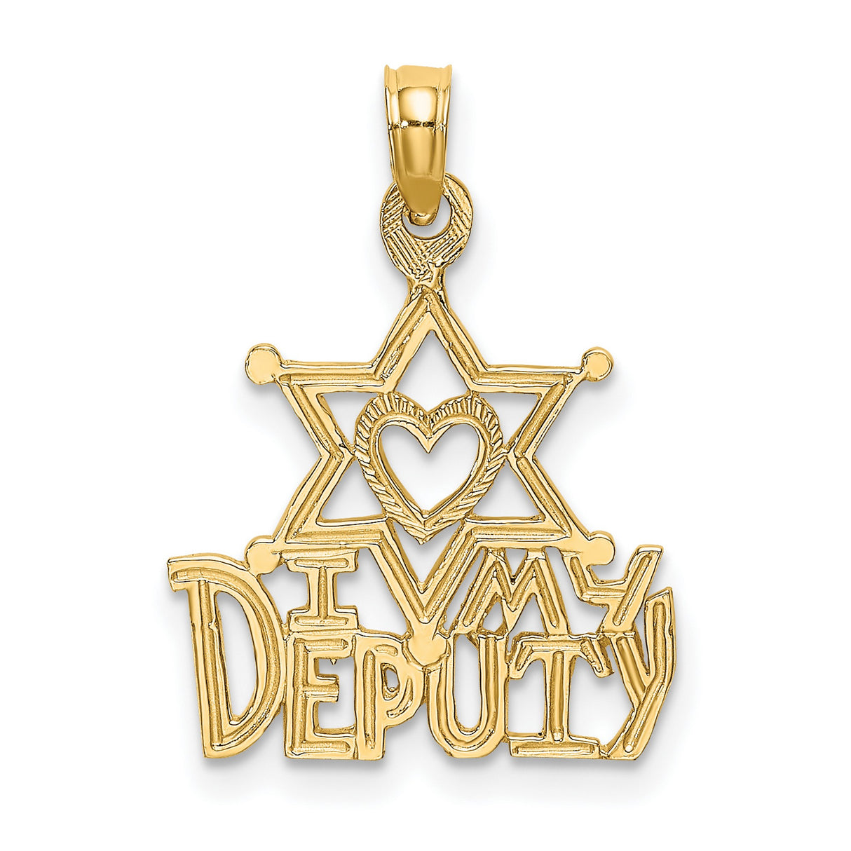 10k Yellow Gold Sheriff Star Pendant, Heart Center, I Heart My Deputy, Law Support Badge Charm