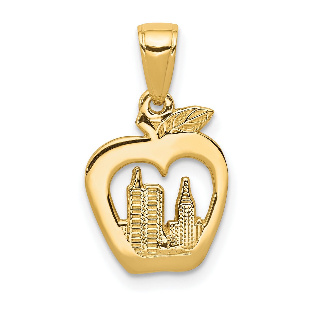 10k Yellow Gold Pendant with Apple and New York City Skyline Cutout, Urban Manhattan Theme