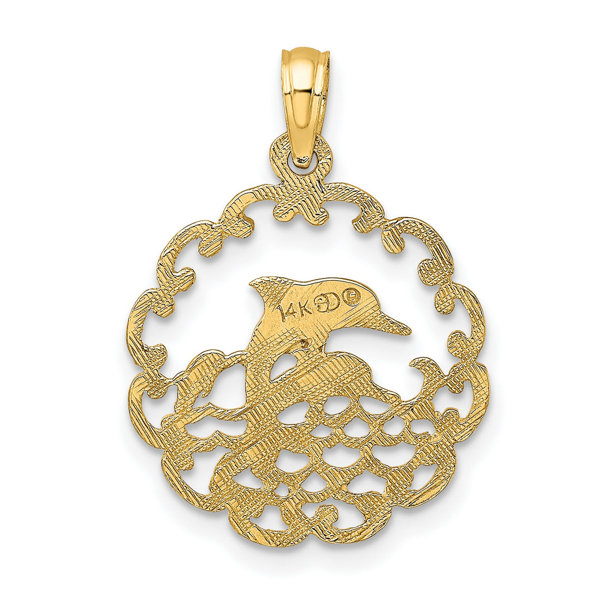 10k Yellow Gold Dolphin Pendant with Two Jumping Dolphins and Wave Border, Nautical Sea Life Charm