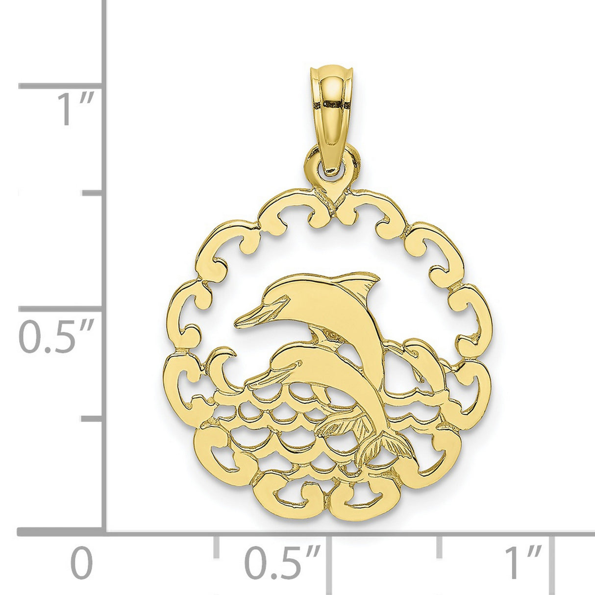 10k Yellow Gold Dolphin Pendant with Two Jumping Dolphins and Wave Border, Nautical Sea Life Charm