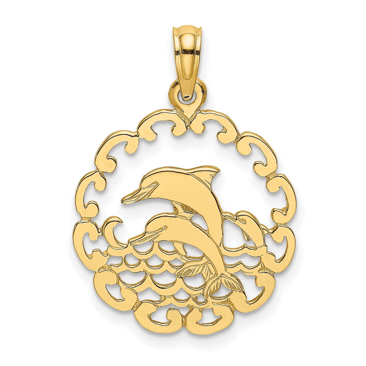 10k Yellow Gold Dolphin Pendant with Two Jumping Dolphins and Wave Border, Nautical Sea Life Charm