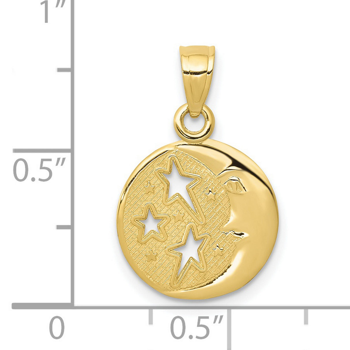 10k Yellow Gold Crescent Moon Face Pendant with Star Cutouts, Celestial Jewelry