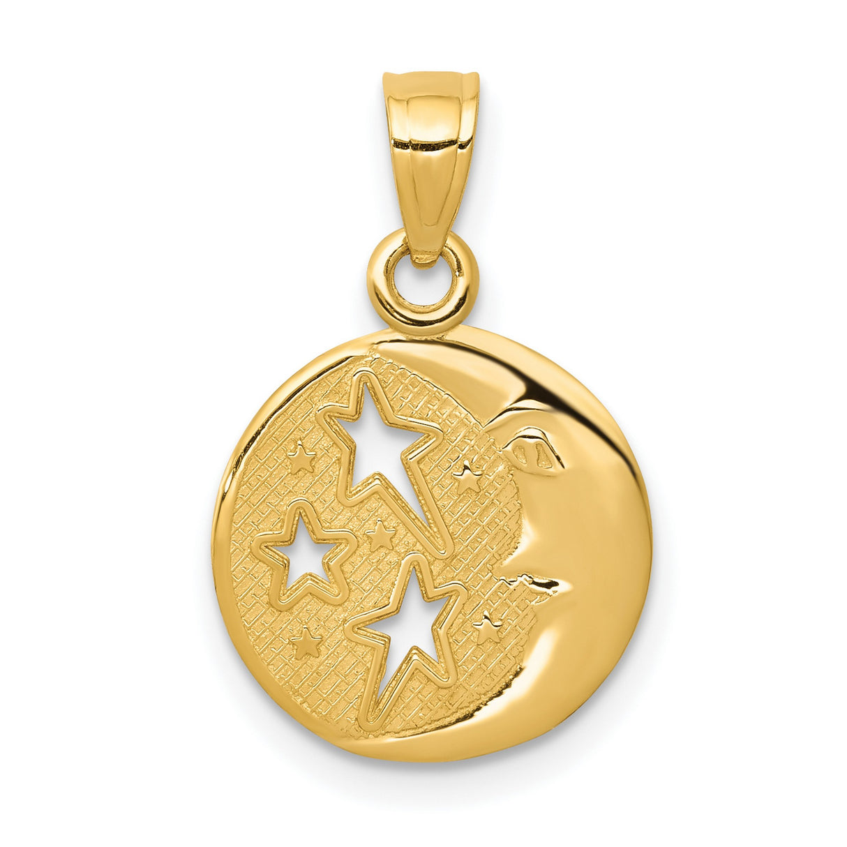 10k Yellow Gold Crescent Moon Face Pendant with Star Cutouts, Celestial Jewelry