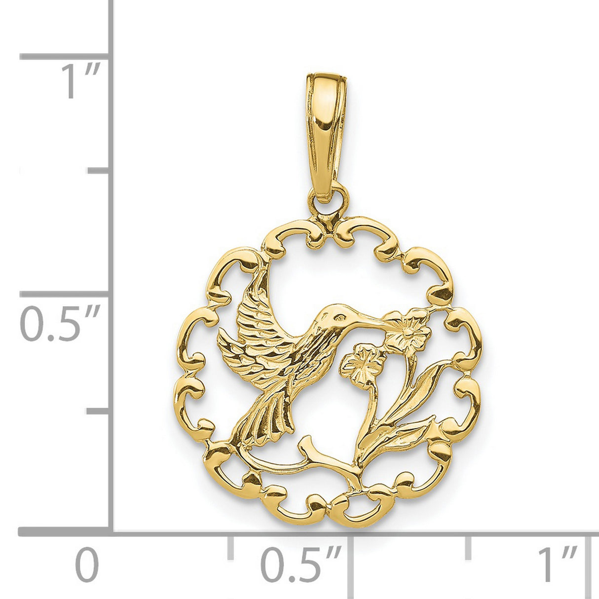 10k Yellow Gold Hummingbird Pendant with Flower Design and Scalloped Openwork Frame