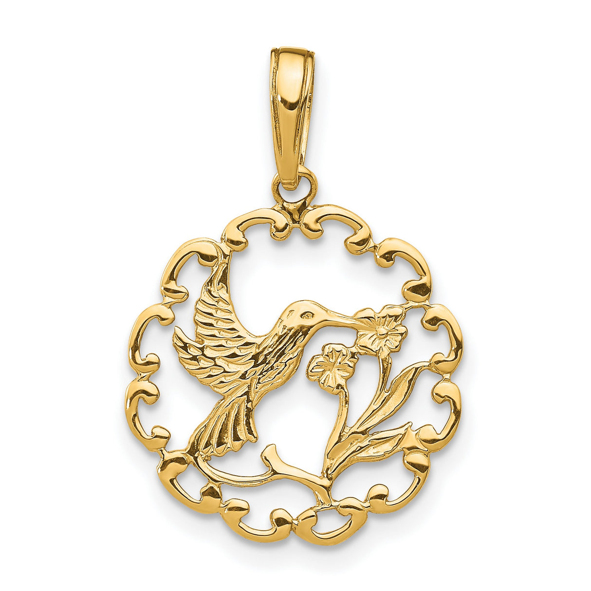 10k Yellow Gold Hummingbird Pendant with Flower Design and Scalloped Openwork Frame