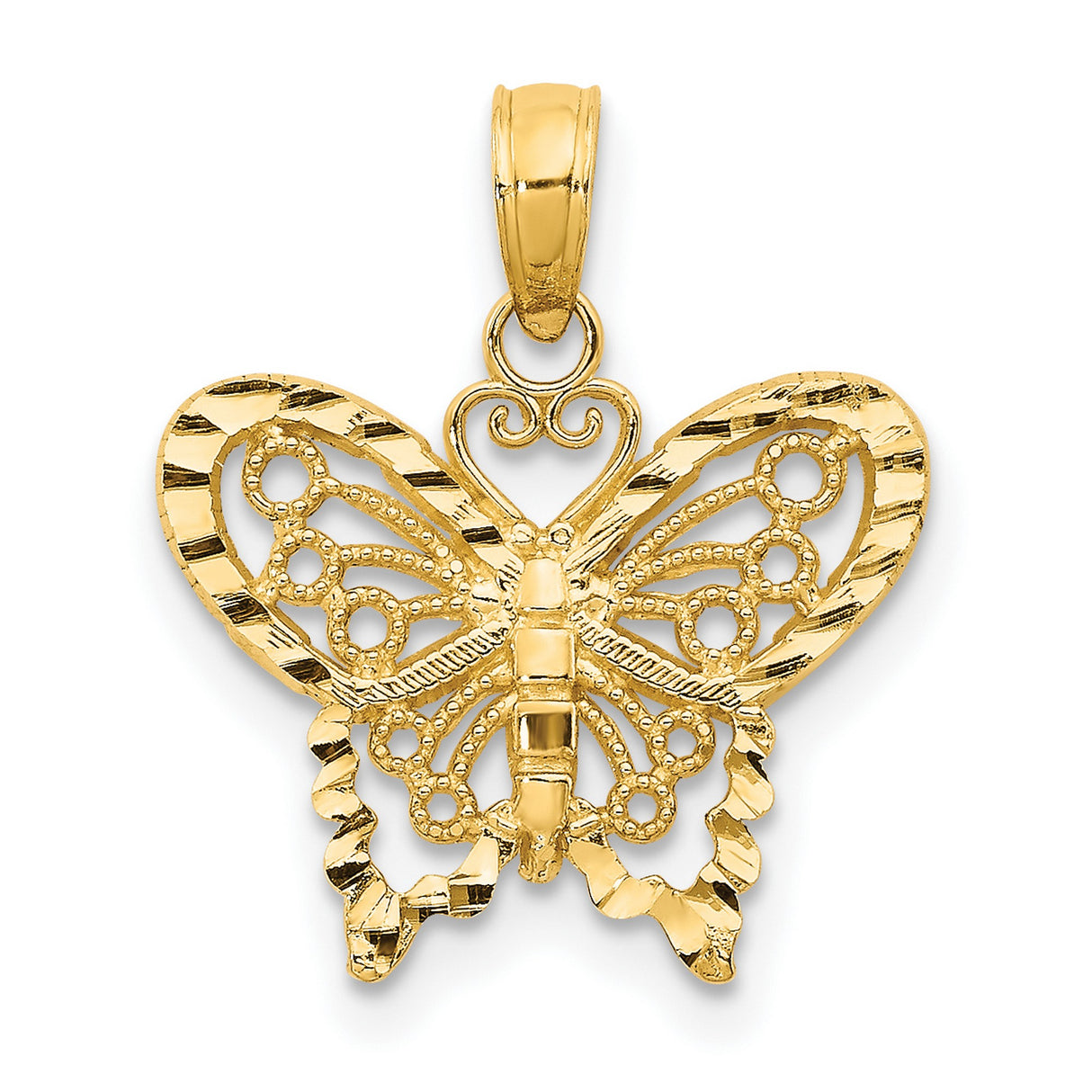10k Yellow Gold Butterfly Pendant, Filigree Charm with Intricate Detailing, Nature Inspired Design