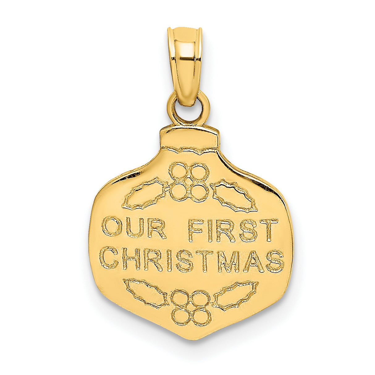 10k Yellow Gold Pendant with Our First Christmas Phrase and Holly Leaf Accents