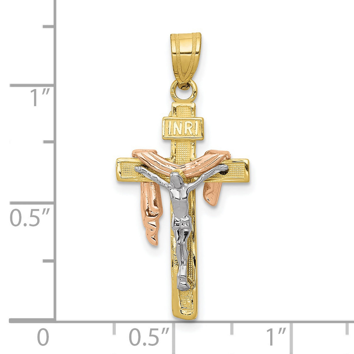 10k Multi-Tone Gold Crucifix Cross Pendant with Draped Jesus Design, Christian INRI Charm