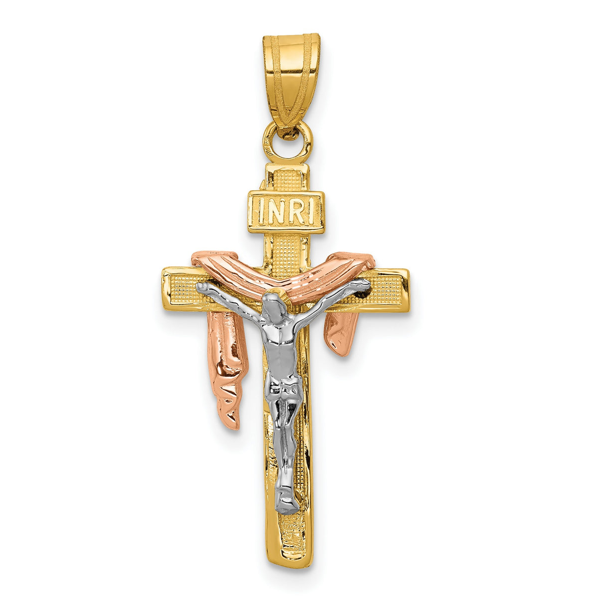 10k Multi-Tone Gold Crucifix Cross Pendant with Draped Jesus Design, Christian INRI Charm