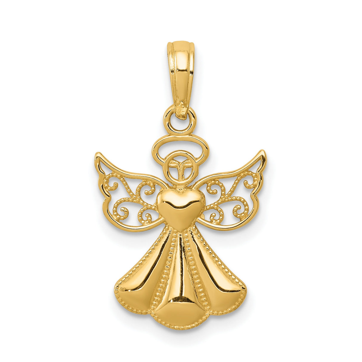 10k Yellow Gold Angel Pendant with Openwork Wings and Heart Bodice, Spiritual Jewelry