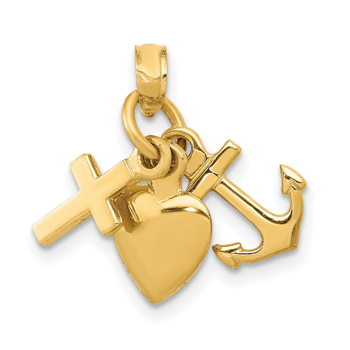 10k Yellow Gold Pendant with Cross Heart and Anchor, Christian Faith Hope Love Charm