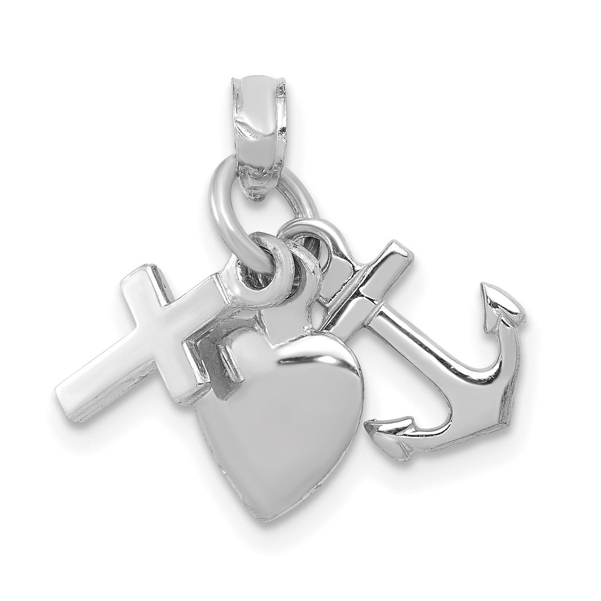 10k White Gold Pendant with Cross, Heart, and Anchor Charms, Christian Faith Hope Love Design