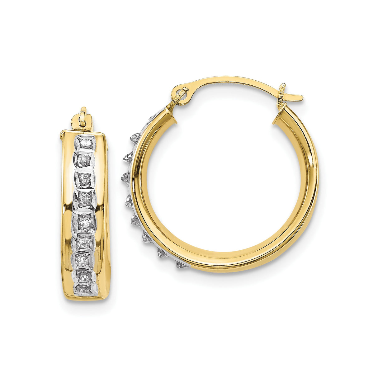 10k Yellow Gold Hoop Earrings with Diamond Accents, Two-Tone Channel Set Design