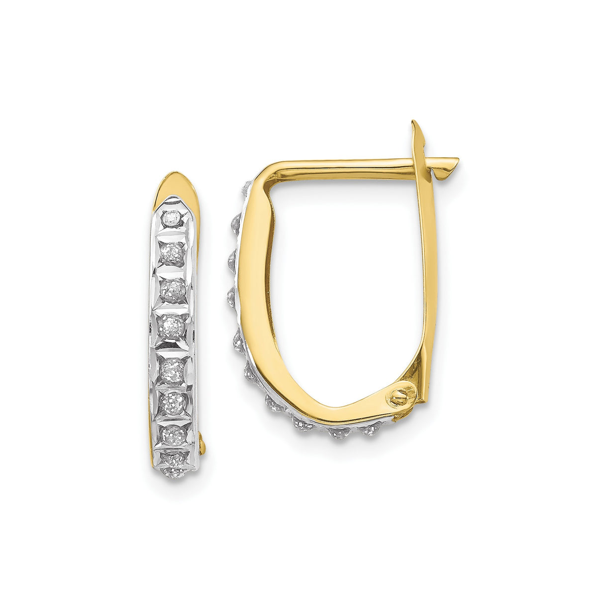 10k Yellow Gold Hoop Earrings with Round White Diamonds, Two-Tone Channel Set Design