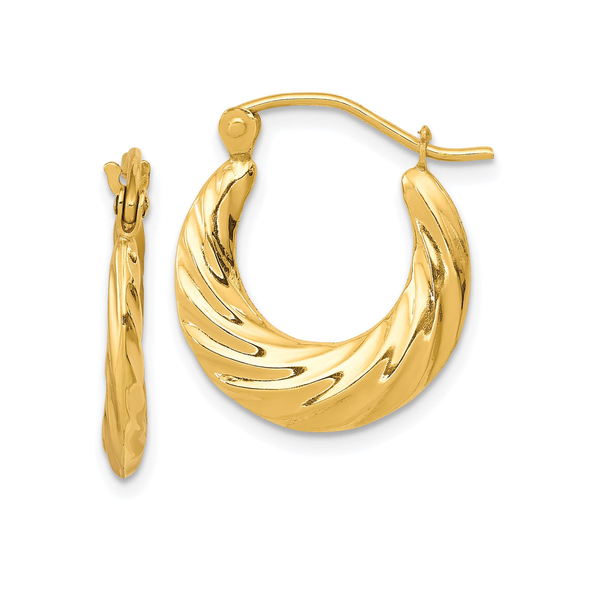 10k Yellow Gold Hoop Earrings with Twisted Polished Swirl and Diamond-Cut Texture