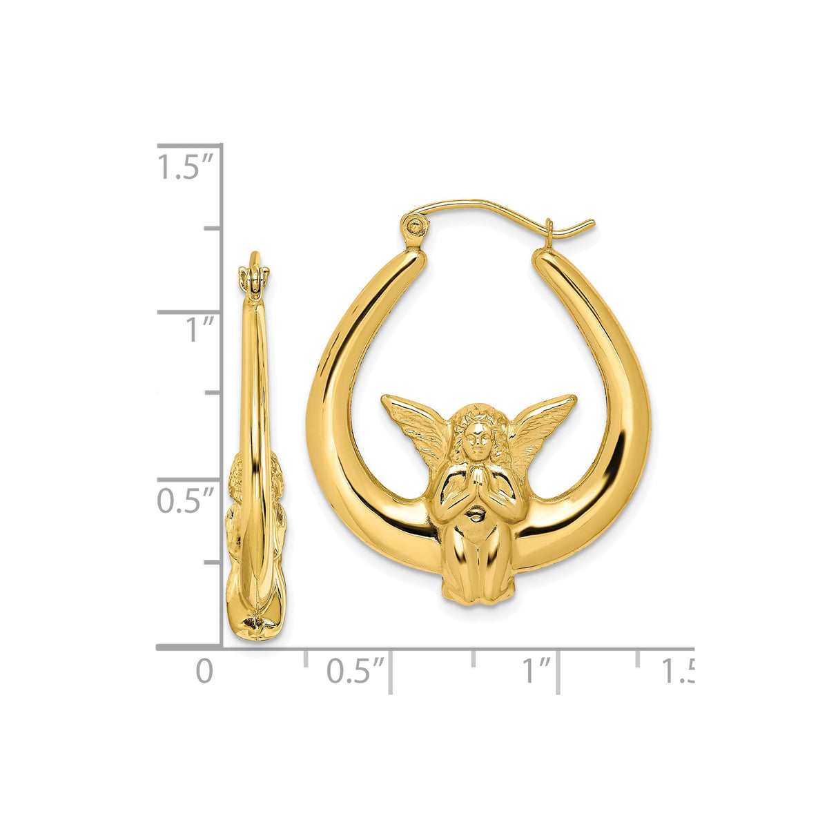 10k Yellow Gold Hoop Earrings with Praying Angel and Wings, Religious Christian Theme
