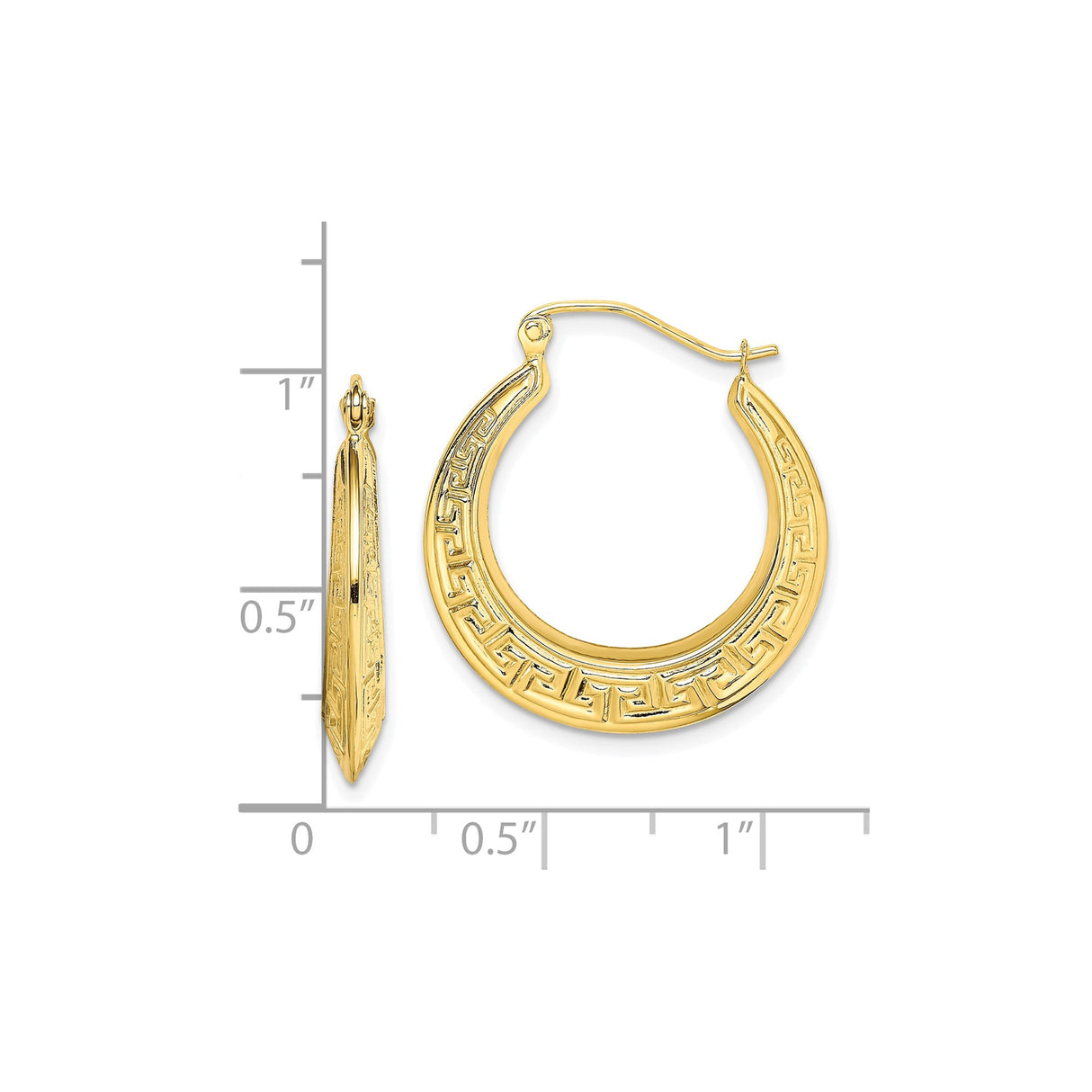 10k Yellow Gold Hoop Earrings with Greek Key Design, Polished Meander Pattern Jewelry
